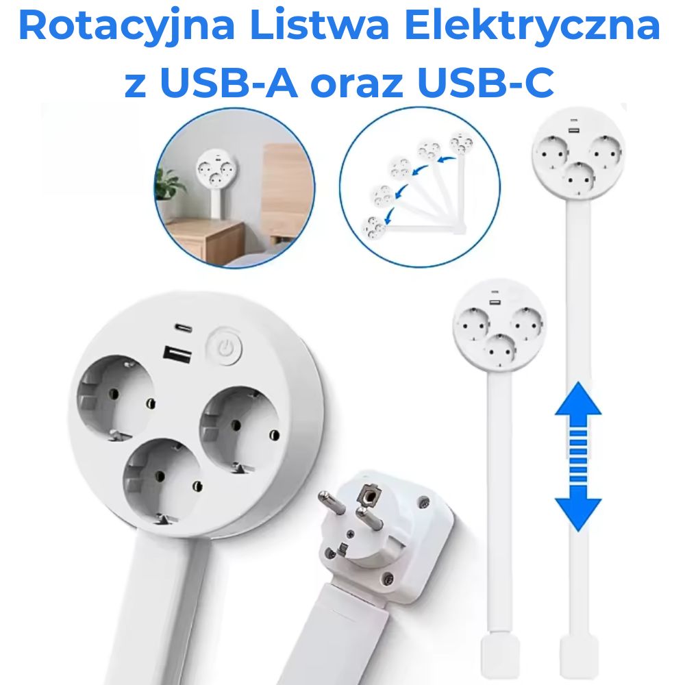 Rotacyjna Listwa Elektryczna z USB-A i USB-C – Koniec z Plątaniną Kabli!