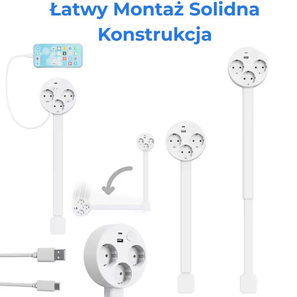 Rotacyjna Listwa Elektryczna z USB-A i USB-C – Koniec z Plątaniną Kabli!